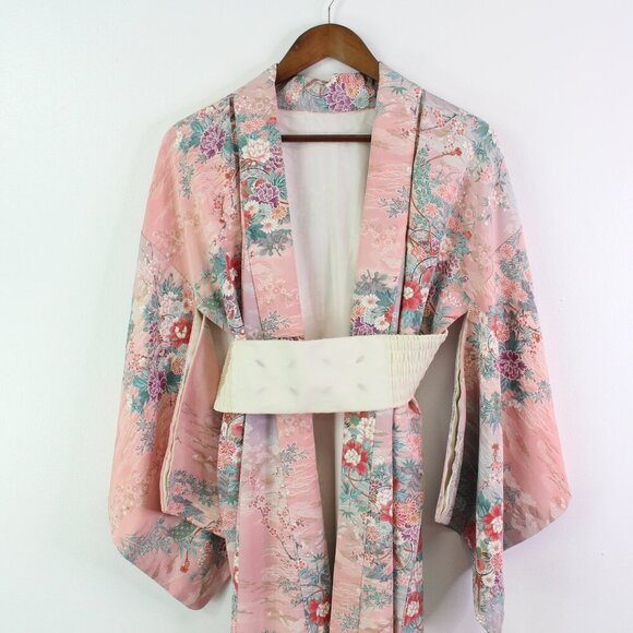 Japanese Mid-Century Kimono Floral Pink‎ Dress OS - Picture 3 of 9